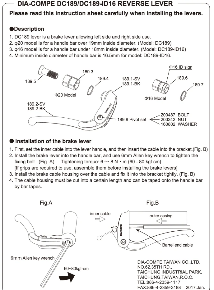 Dia-Compe 189 ID16.5-19mm Brake Levers In Silver or Black - Image 5