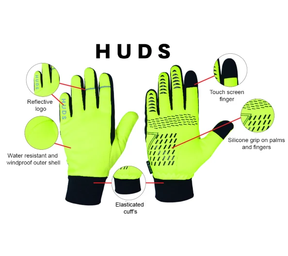 HUDS Water Resistant Cycling Winter Gloves In Black or Fluro Yellow - Image 10